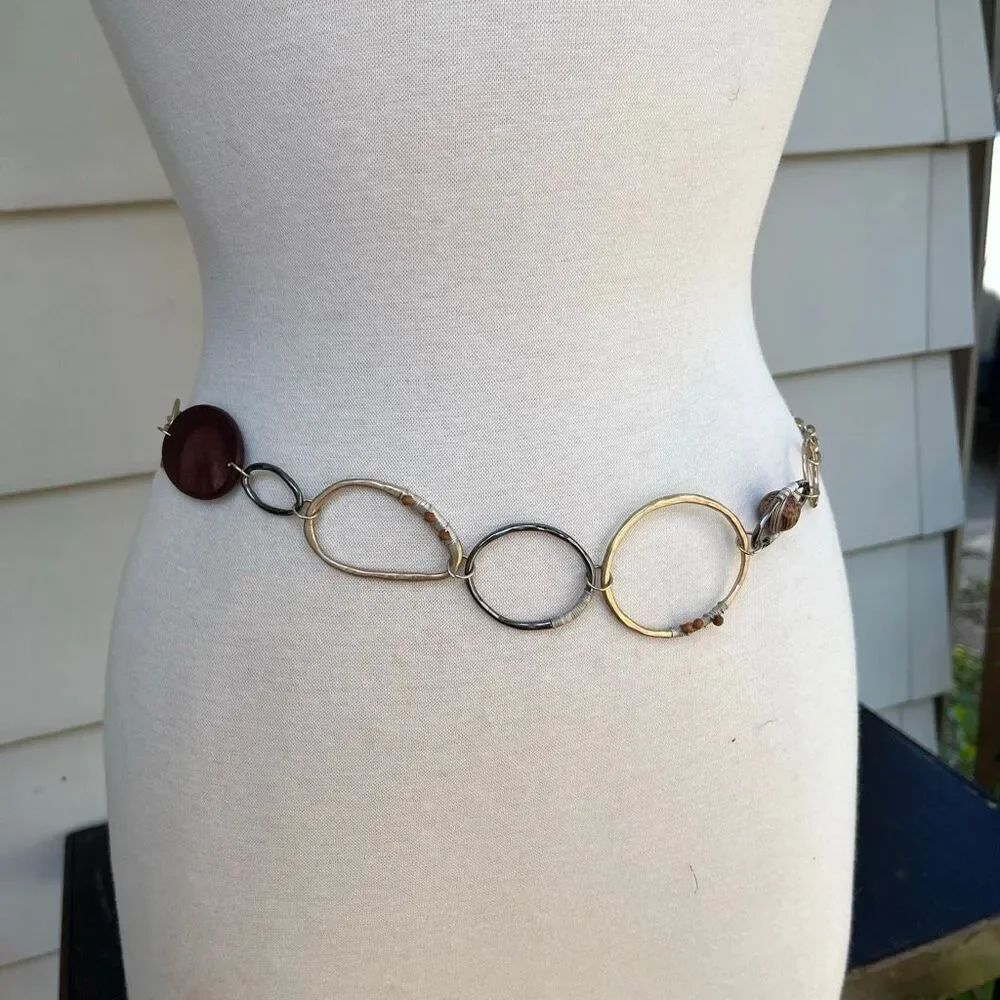 VTG Boho Mixed Metal Chain Belt Wrapped Wood Bead Festival Art Girl